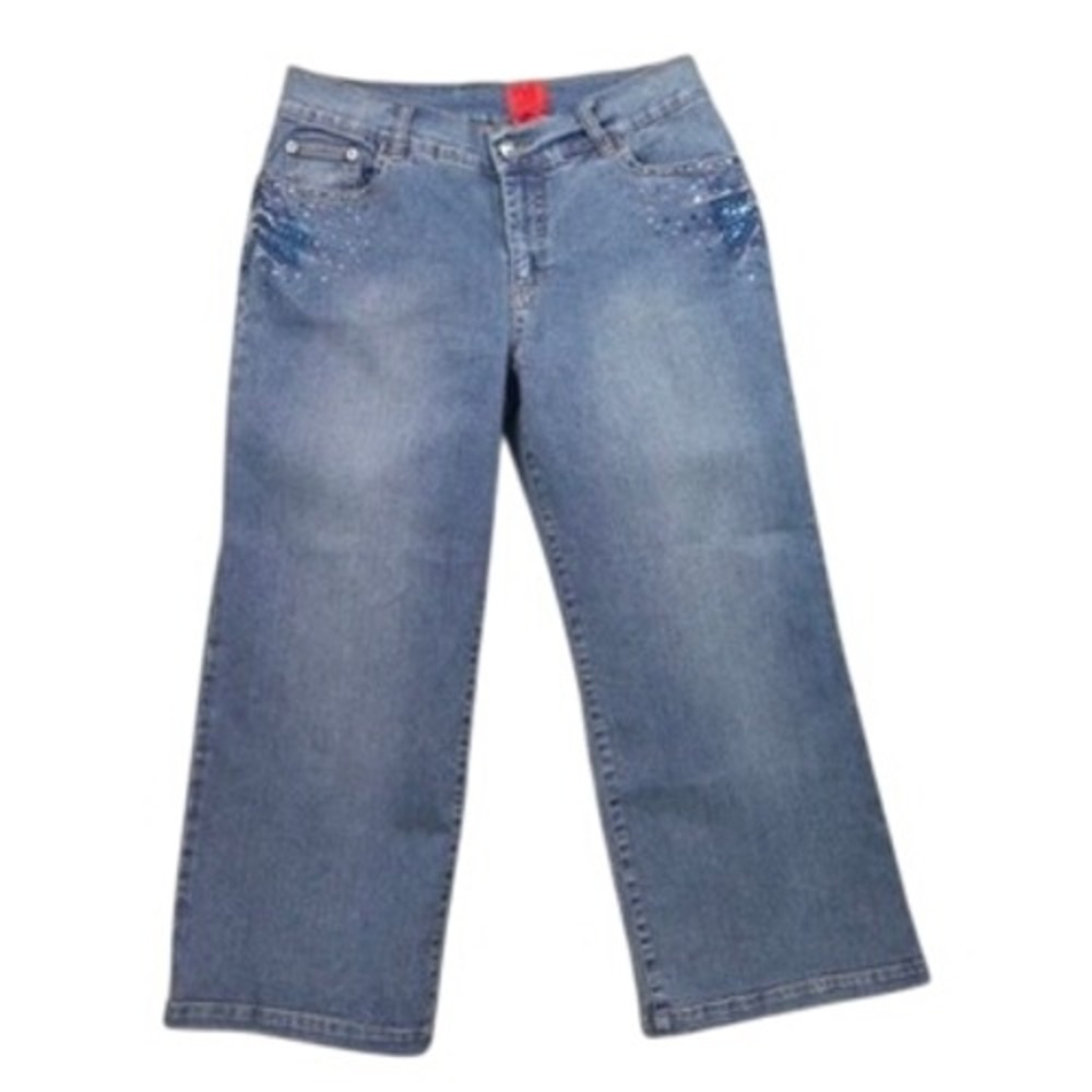 Y2K Cristina Embellished Wide Leg Jeans Women 12 Blue Rhinestone Festival Boho
